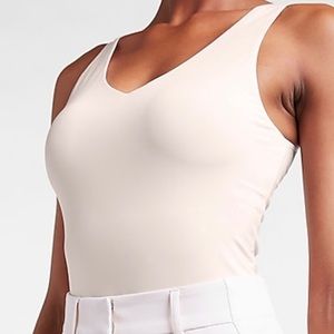 Express pale pink body contour double layer v-neck bodycon bodysuit thong